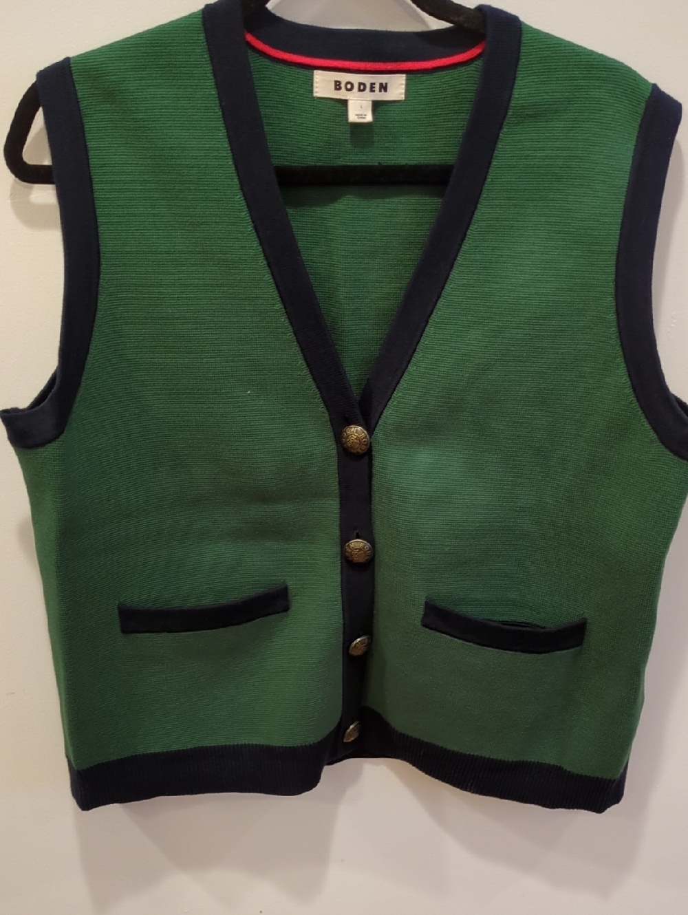 Boden Green Cotton Vest with Navy Trim and Gold Buttons Size Large Academia Prep - Picture 2 of 6